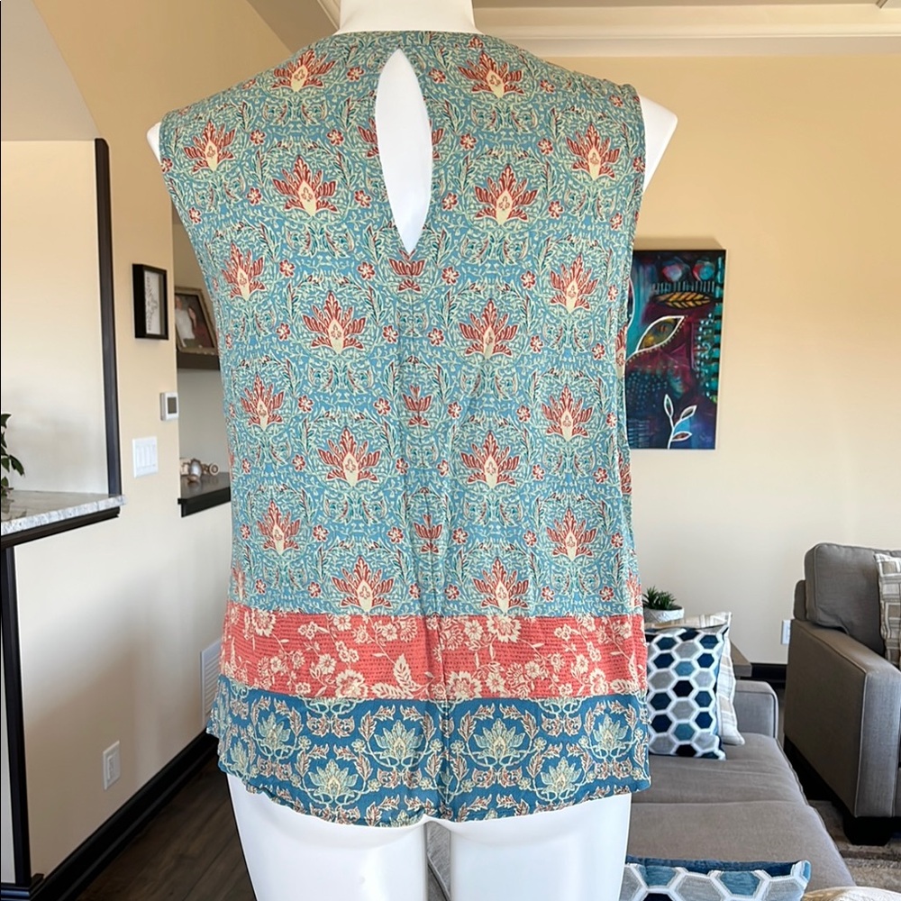 Daniel Rainn Sleeveless Boho Print V-Neck Top in Teal and Coral - Picture 3 of 5